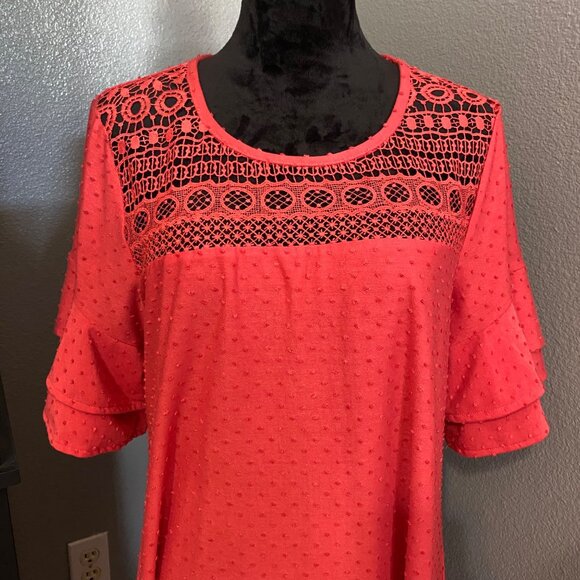 Spense Crochet Yoke Dress Womens XL Guava Ruffle Sleeve Casual Boho - Picture 4 of 9